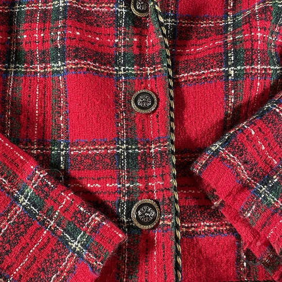Vintage Positive Attitude Women's Size 18 Red Plaid Wool Blend Blazer Gold Trim - Picture 5 of 8
